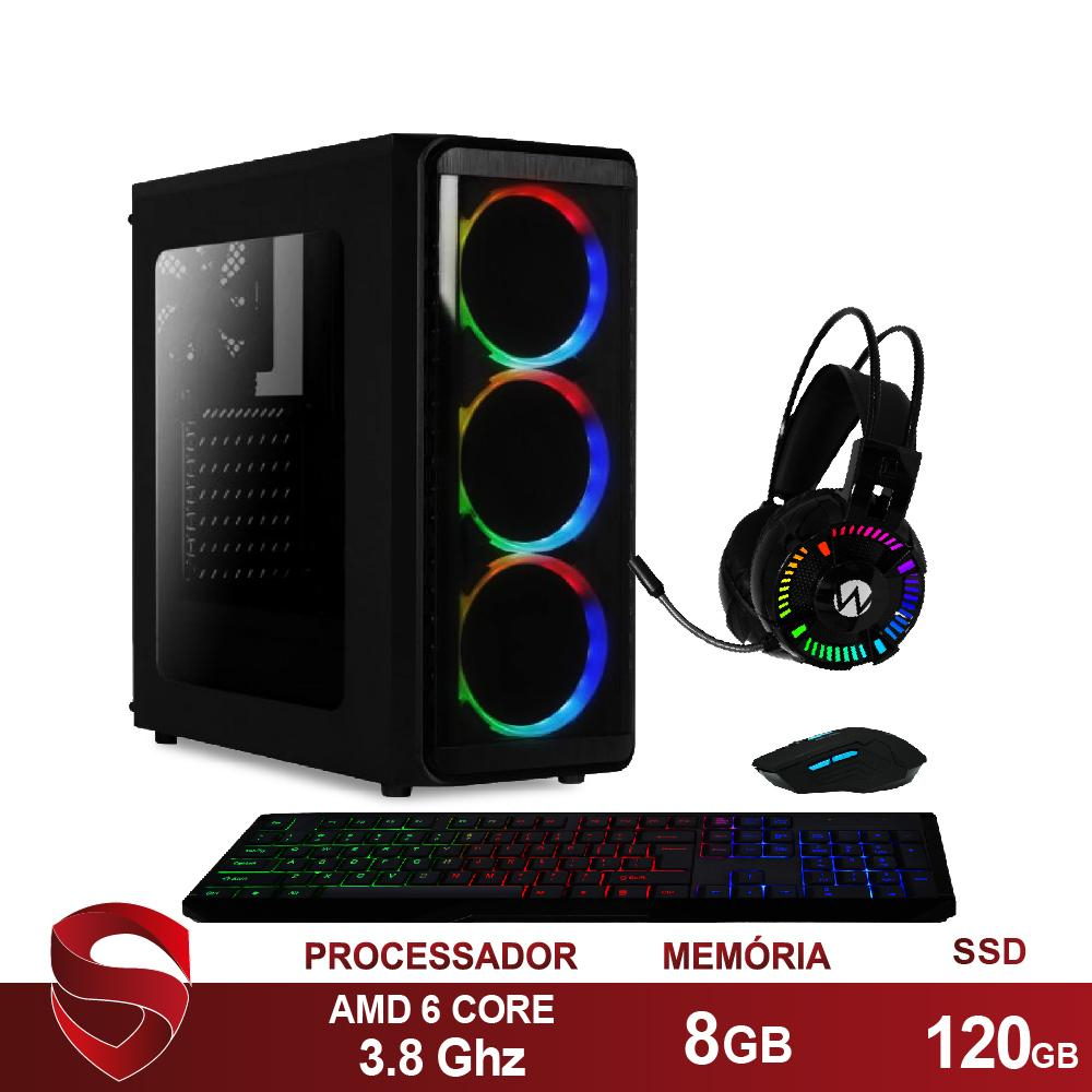 PC Gamer Completo AMD 6-Core CPU 3.8Ghz 8GB (Placa de vídeo Radeon R5 2GB)  SSD 120GB Kit Gamer Skill Monitor HDMI LED 19.5 Casual - WorldPc empresa  do grupo Bel MicroTecnologia